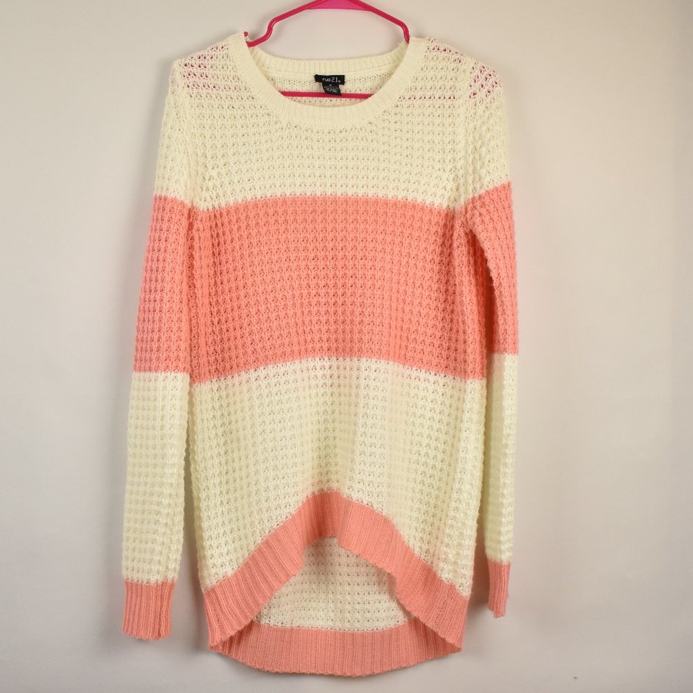 Rue21 Peach and White Colorblock Knitted HighLow Long Sleeve Sweater Size Medium